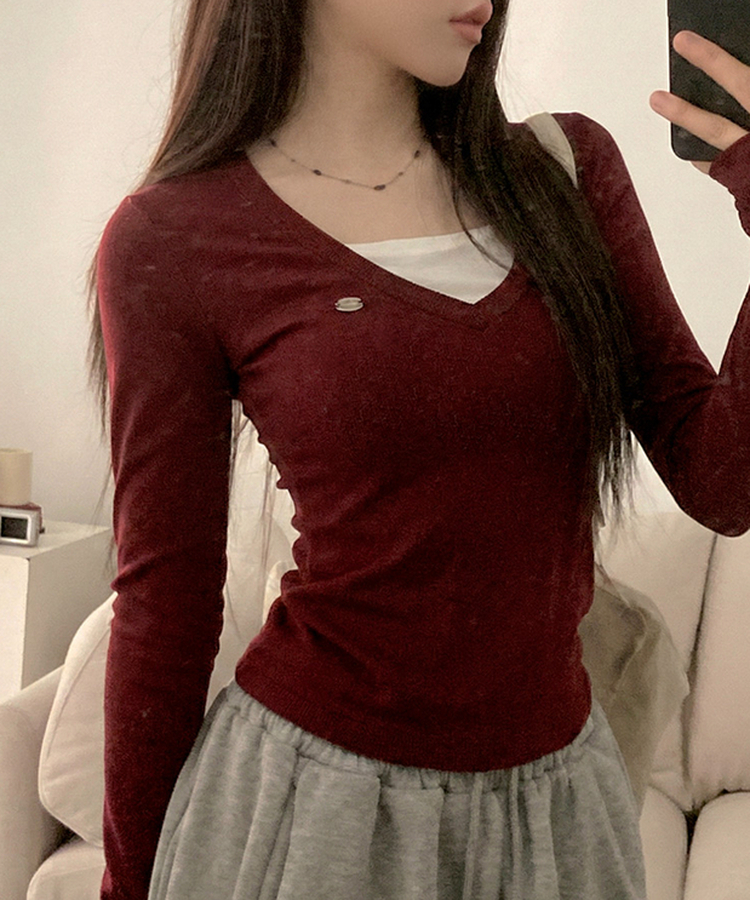 ペンダントVネックレイヤードTシャツ(5color) RED