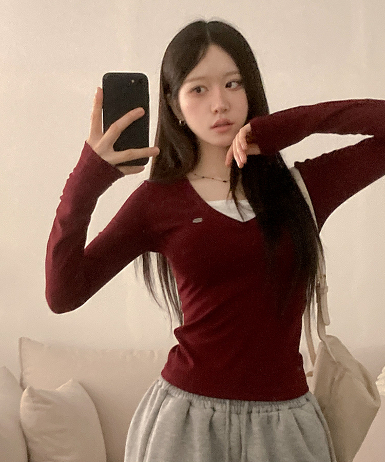 ペンダントVネックレイヤードTシャツ(5color) RED