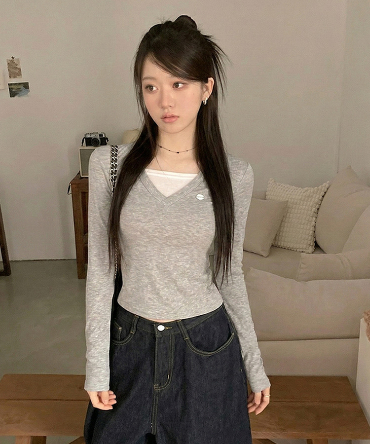 ペンダントVネックレイヤードTシャツ(5color) GREY