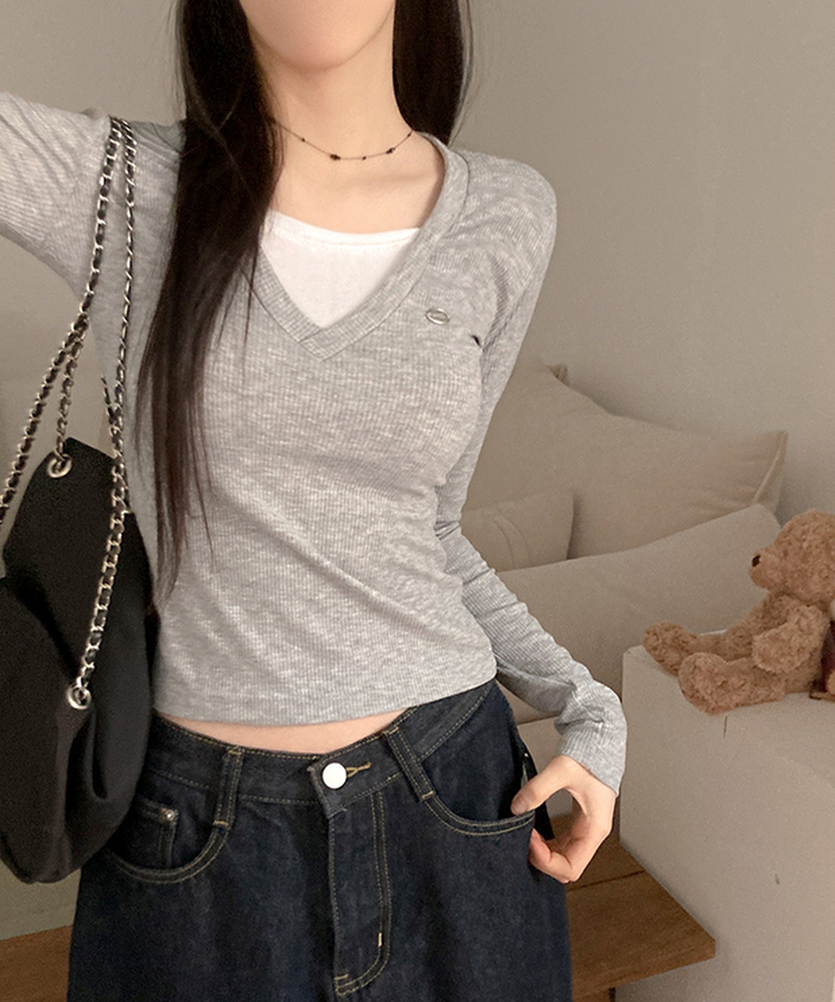 ペンダントVネックレイヤードTシャツ(5color) GREY