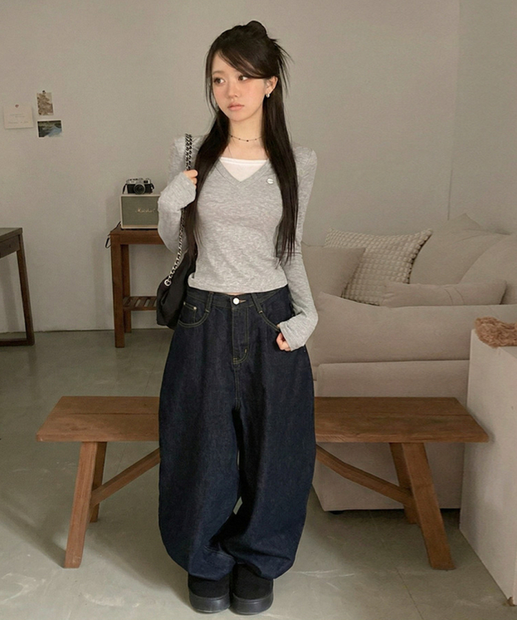 ペンダントVネックレイヤードTシャツ(5color) GREY