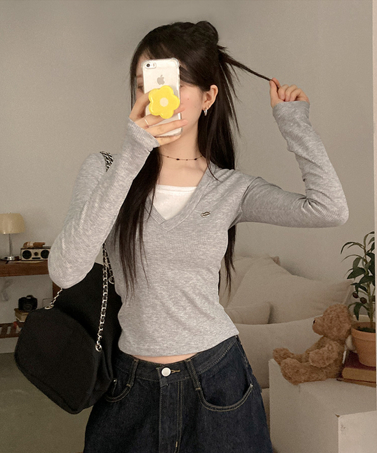 ペンダントVネックレイヤードTシャツ(5color) GREY