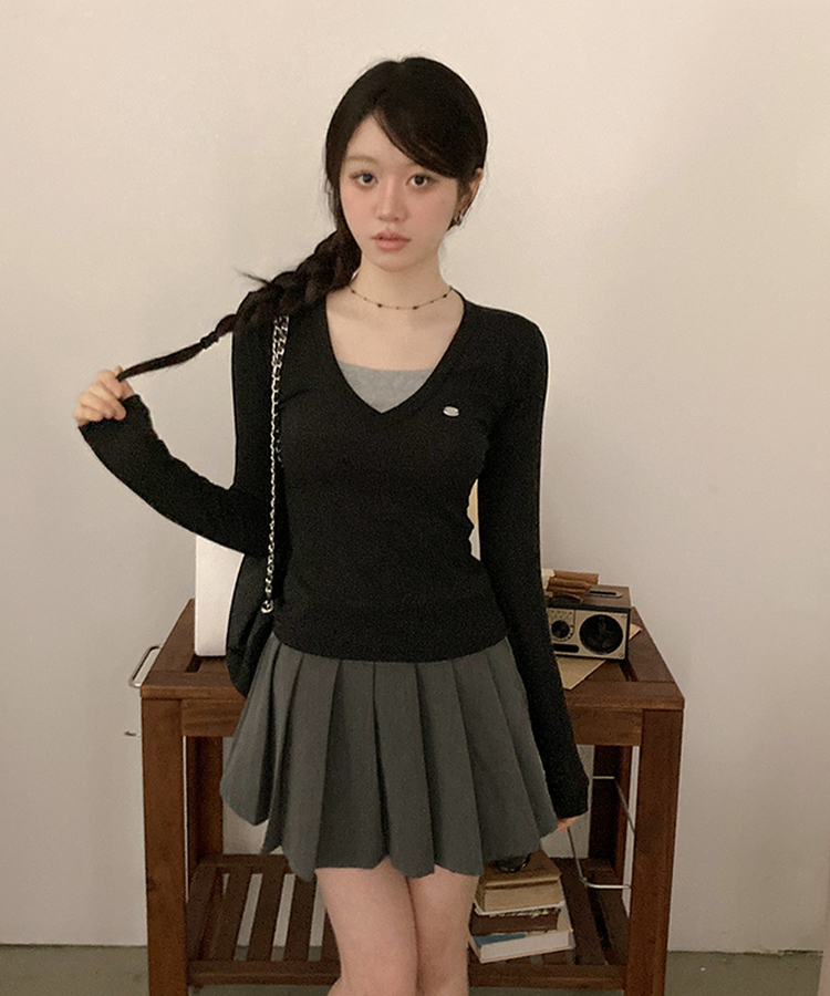 ペンダントVネックレイヤードTシャツ(5color) BLACK