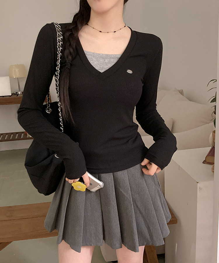 ペンダントVネックレイヤードTシャツ(5color) BLACK