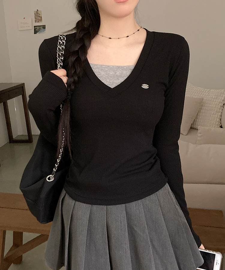 ペンダントVネックレイヤードTシャツ(5color) BLACK