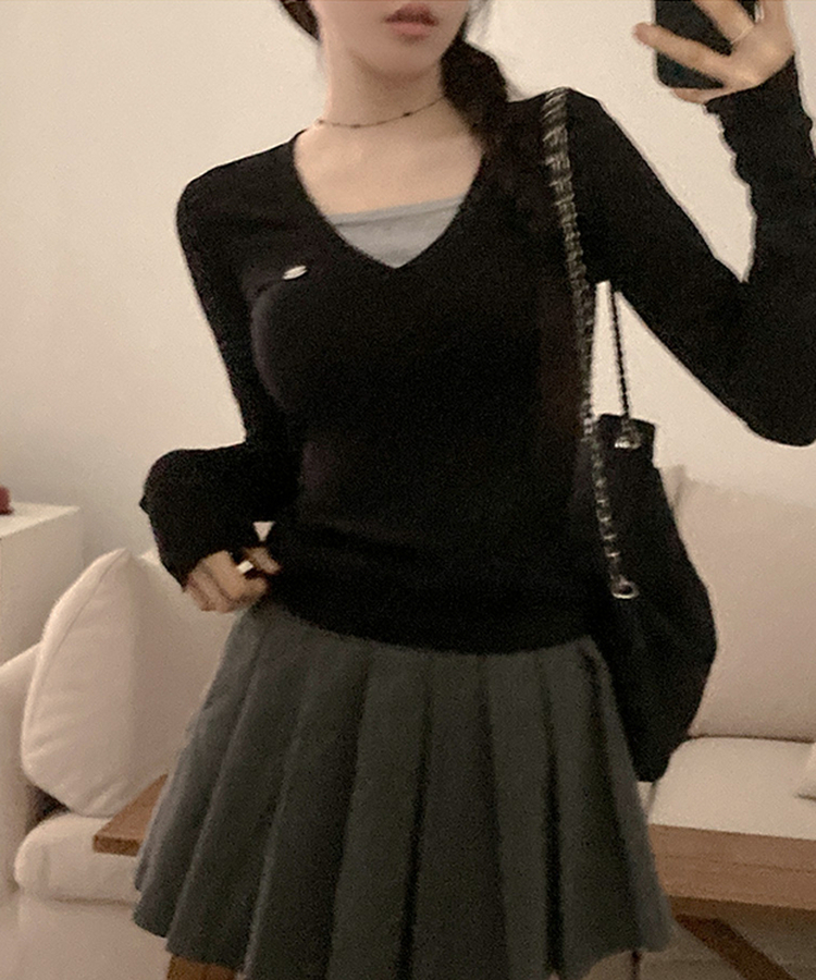 ペンダントVネックレイヤードTシャツ(5color) BLACK