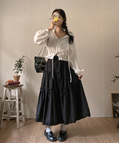 ドットフリルロングティアードスカート BLACK