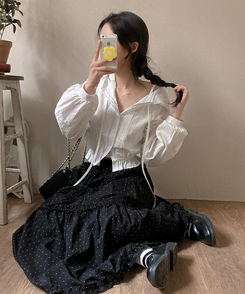 ドットフリルロングティアードスカート BLACK