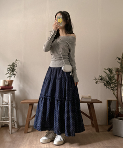 ドットフリルロングティアードスカート NAVY