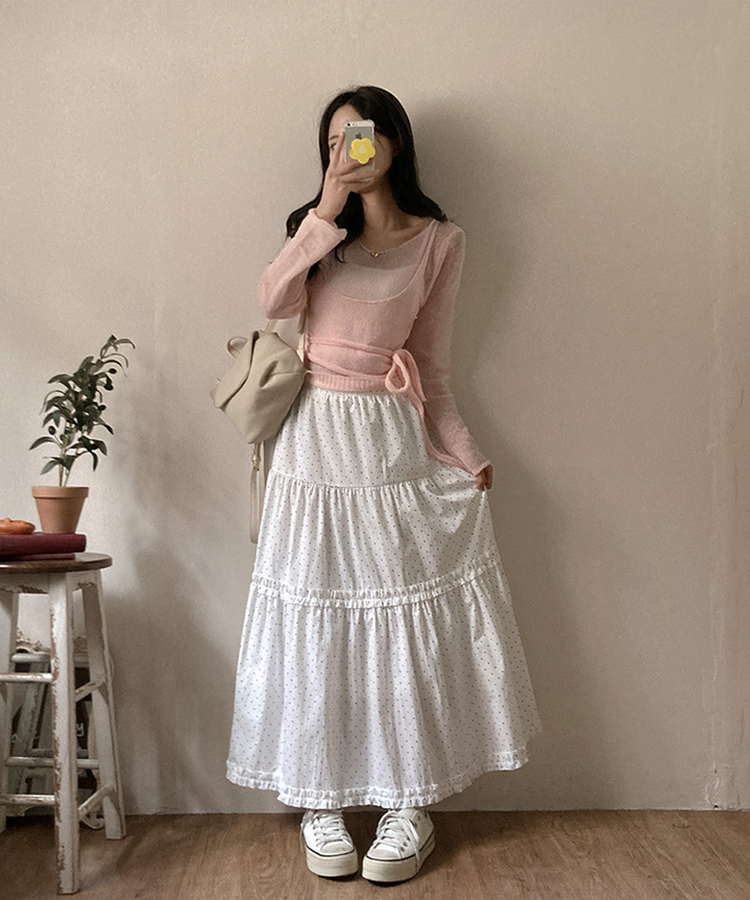 ドットフリルロングティアードスカート WHITE