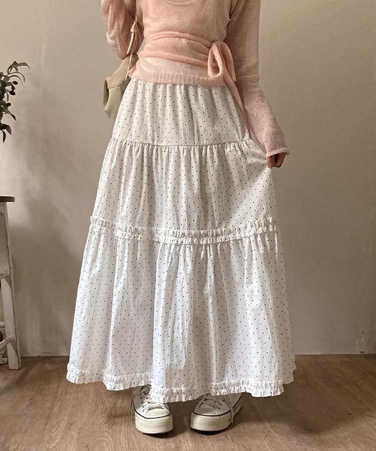 ドットフリルロングティアードスカート WHITE