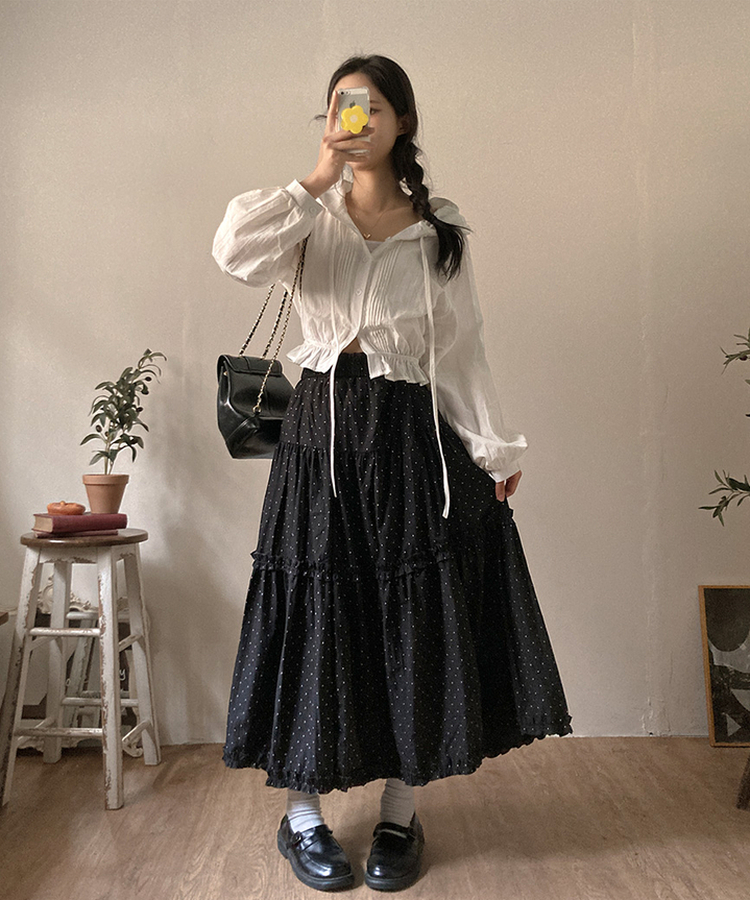 ドットフリルロングティアードスカート BLACK