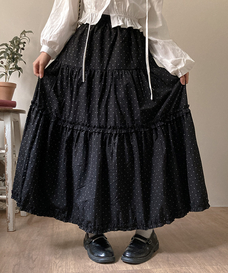 ドットフリルロングティアードスカート BLACK