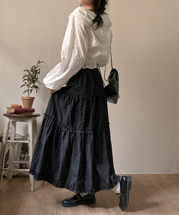 ドットフリルロングティアードスカート BLACK