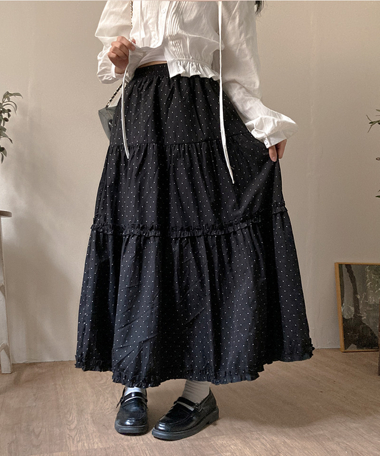 ドットフリルロングティアードスカート BLACK