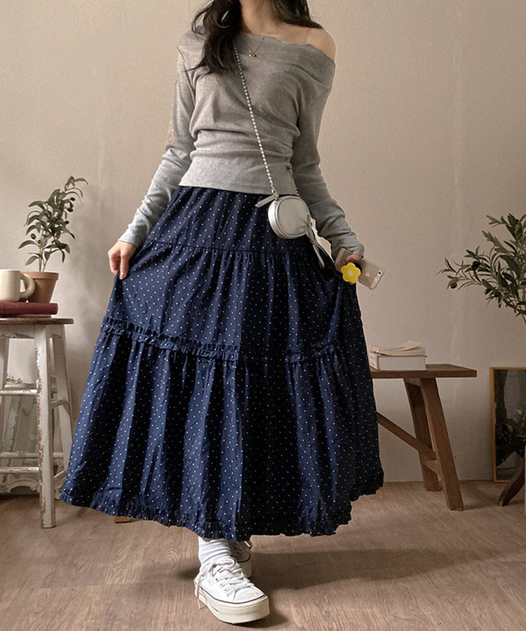 ドットフリルロングティアードスカート NAVY