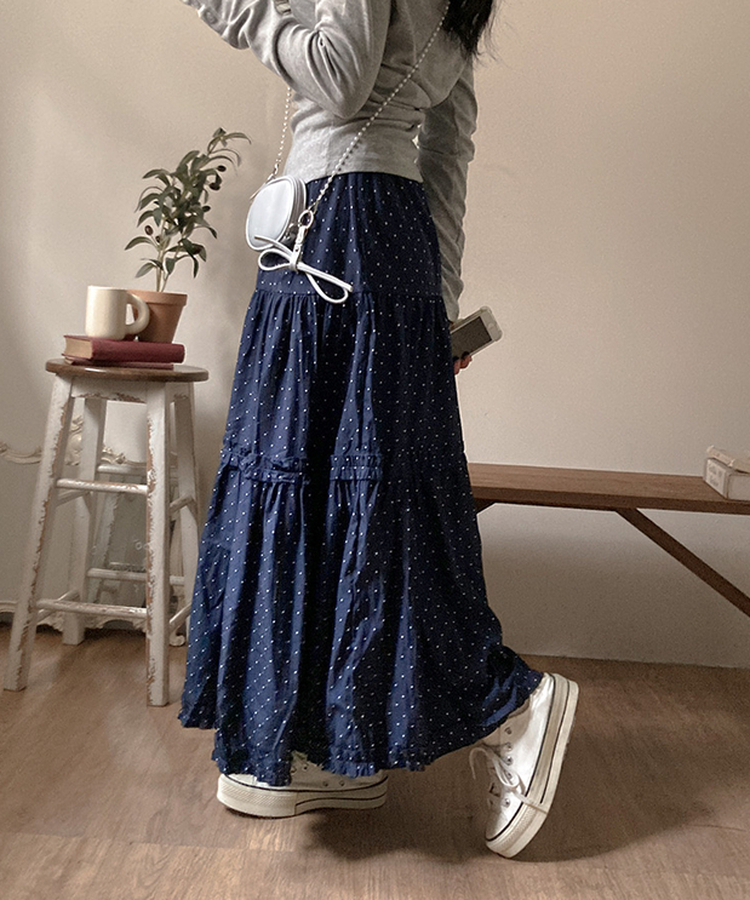 ドットフリルロングティアードスカート NAVY