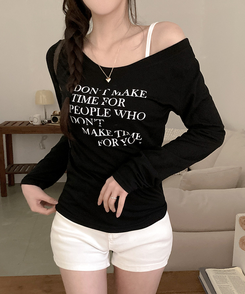 レタリングワンオフショルダー長袖Tシャツ BLACK