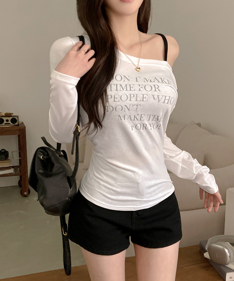 レタリングワンオフショルダー長袖Tシャツ IVORY