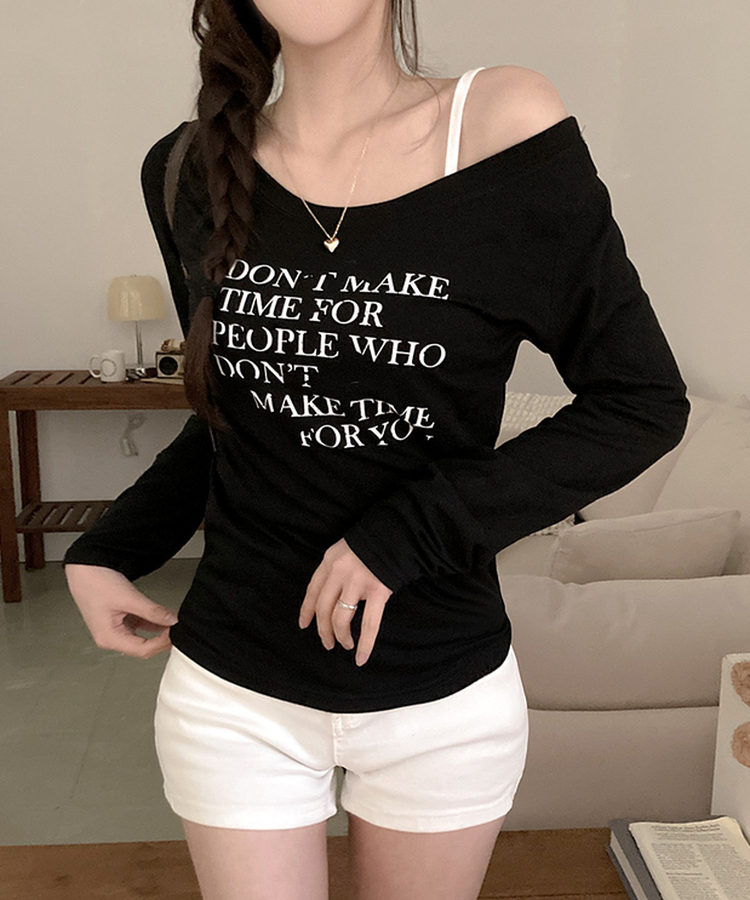 レタリングワンオフショルダー長袖Tシャツ BLACK