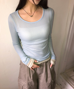 シースルーレイヤード長袖Tシャツ(11color) SKYBLUE