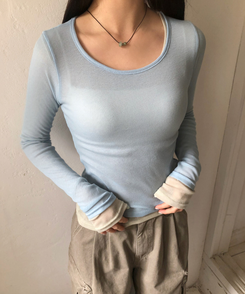 シースルーレイヤード長袖Tシャツ(11color) SKYBLUE
