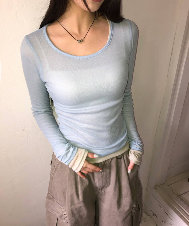 シースルーレイヤード長袖Tシャツ(11color) SKYBLUE