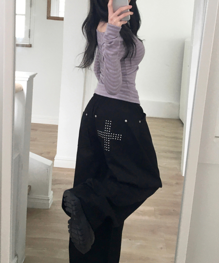 이벳 스터드 와이드 팬츠 블랙