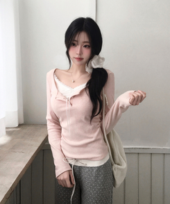 レースリボン長袖Tシャツ PINK