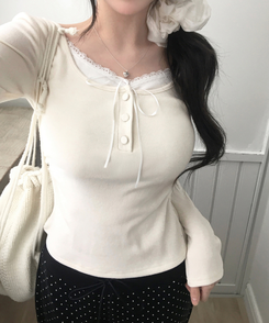 レースリボン長袖Tシャツ CREAM