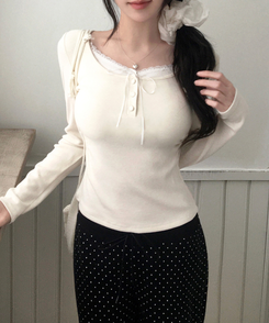 レースリボン長袖Tシャツ CREAM