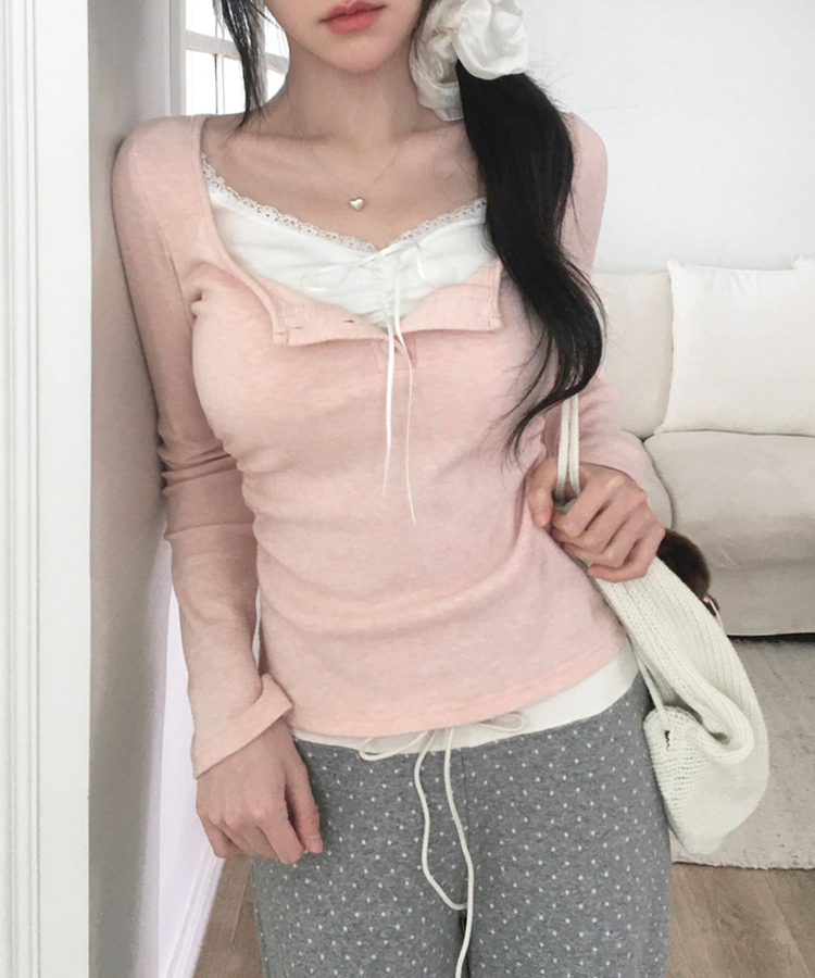 レースリボン長袖Tシャツ PINK