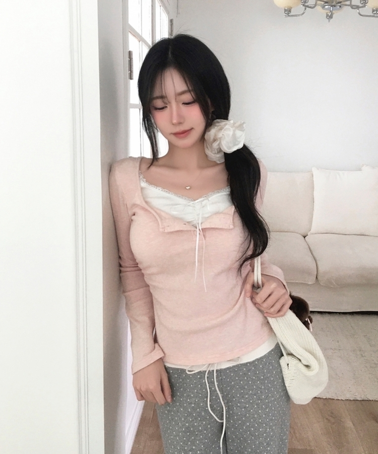 レースリボン長袖Tシャツ PINK