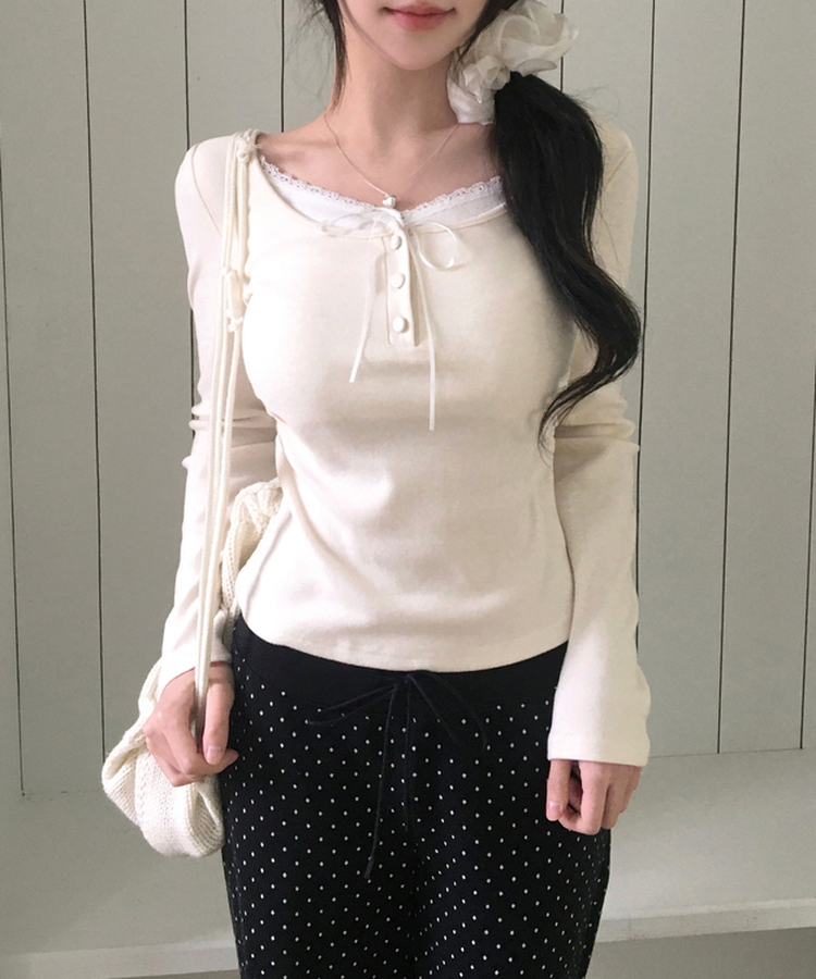 レースリボン長袖Tシャツ CREAM