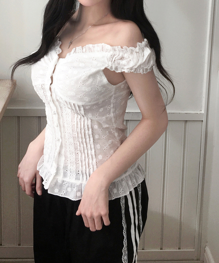 엘빈 레이스 프릴 블라우스 화이트