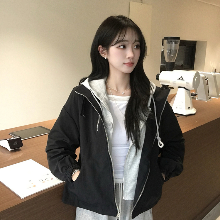 두개를 겹쳐 입은듯 로얄 오버핏 봄 후드집업 일체형 레이어드 블루종 자켓 루즈핏 항공 점퍼 봄 아우터 데일리 야상 블랙