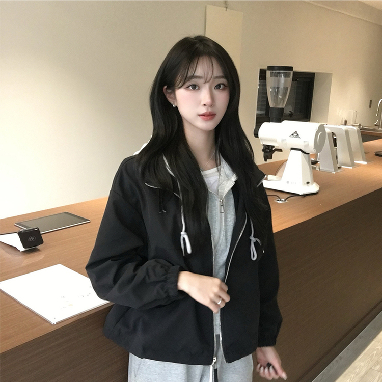 두개를 겹쳐 입은듯 로얄 오버핏 봄 후드집업 일체형 레이어드 블루종 자켓 루즈핏 항공 점퍼 봄 아우터 데일리 야상 블랙