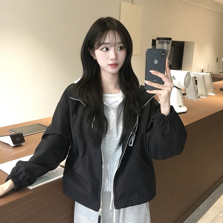 두개를 겹쳐 입은듯 로얄 오버핏 봄 후드집업 일체형 레이어드 블루종 자켓 루즈핏 항공 점퍼 봄 아우터 데일리 야상 블랙