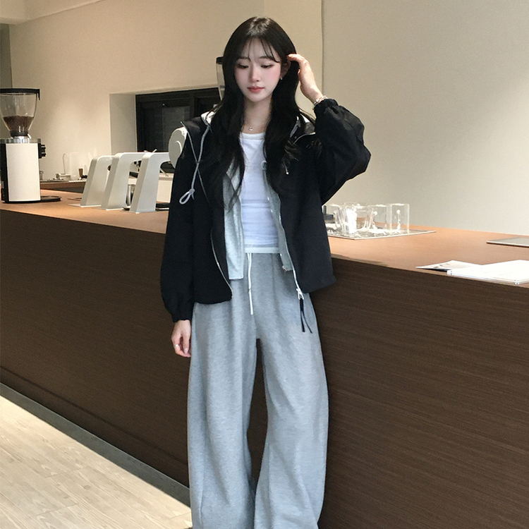 두개를 겹쳐 입은듯 로얄 오버핏 봄 후드집업 일체형 레이어드 블루종 자켓 루즈핏 항공 점퍼 봄 아우터 데일리 야상 블랙