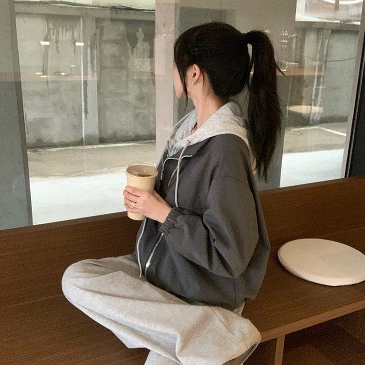 두개를 겹쳐 입은듯 로얄 오버핏 봄 후드집업 일체형 레이어드 블루종 자켓 루즈핏 항공 점퍼 봄 아우터 데일리 야상 먹색