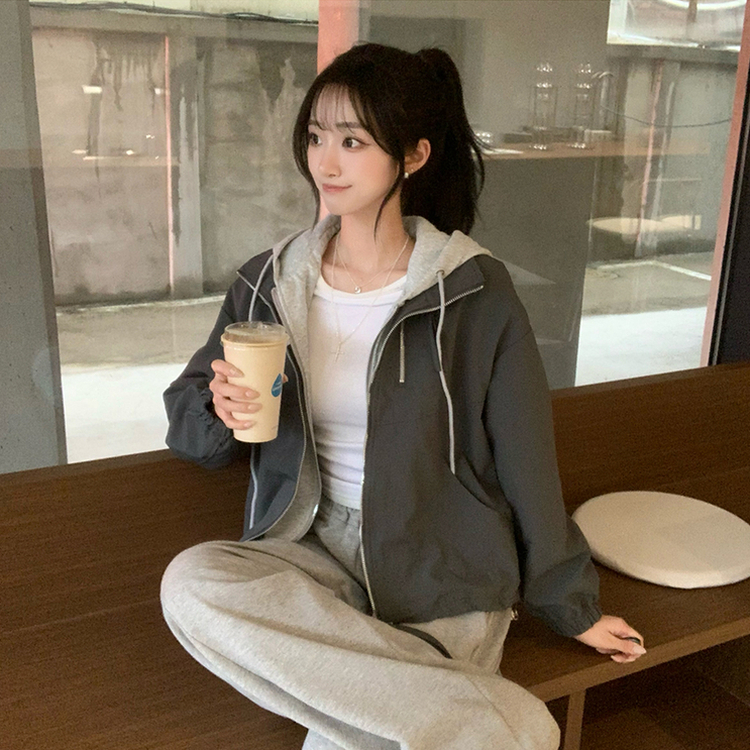 두개를 겹쳐 입은듯 로얄 오버핏 봄 후드집업 일체형 레이어드 블루종 자켓 루즈핏 항공 점퍼 봄 아우터 데일리 야상 먹색