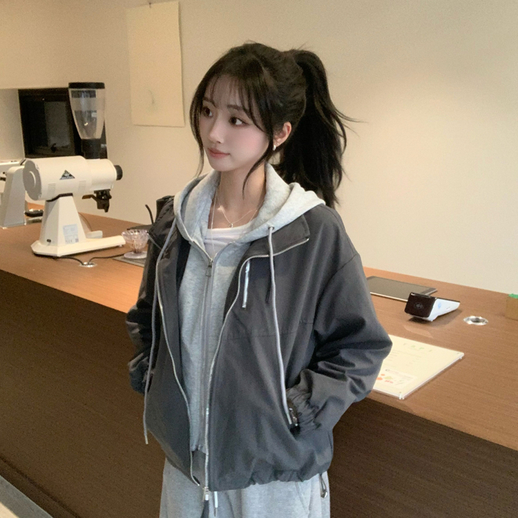 두개를 겹쳐 입은듯 로얄 오버핏 봄 후드집업 일체형 레이어드 블루종 자켓 루즈핏 항공 점퍼 봄 아우터 데일리 야상 먹색