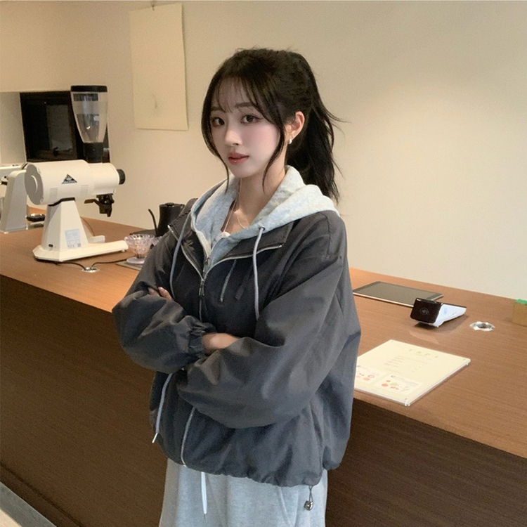 두개를 겹쳐 입은듯 로얄 오버핏 봄 후드집업 일체형 레이어드 블루종 자켓 루즈핏 항공 점퍼 봄 아우터 데일리 야상 먹색