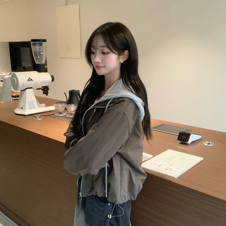 두개를 겹쳐 입은듯 로얄 오버핏 봄 후드집업 일체형 레이어드 블루종 자켓 루즈핏 항공 점퍼 봄 아우터 데일리 야상 카키