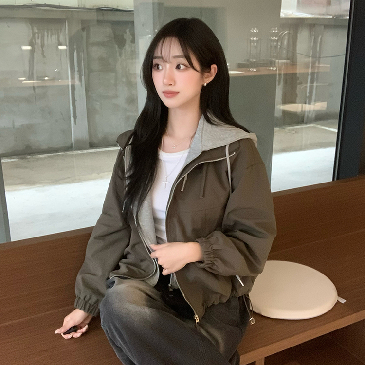 두개를 겹쳐 입은듯 로얄 오버핏 봄 후드집업 일체형 레이어드 블루종 자켓 루즈핏 항공 점퍼 봄 아우터 데일리 야상 카키