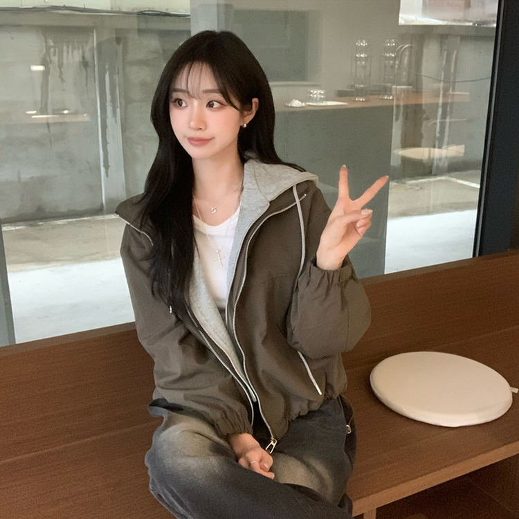 두개를 겹쳐 입은듯 로얄 오버핏 봄 후드집업 일체형 레이어드 블루종 자켓 루즈핏 항공 점퍼 봄 아우터 데일리 야상 카키