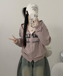 プリントフードジップアップ(6color) PINK