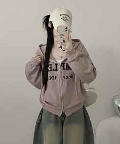 プリントフードジップアップ(6color) PINK