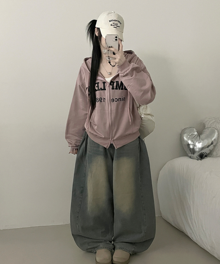 컴플레터링프린팅투웨이커버핏후드집업 핑크