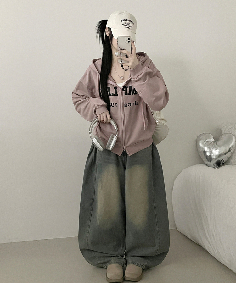 컴플레터링프린팅투웨이커버핏후드집업 핑크